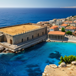 A panoramic view of Cyprus as a crossroads of civilizations, showcasing ancient Greek ruins blending with modern European architecture against the backdrop of the Mediterranean Sea. Emphasize the island's strategic location with ships traversing the waters and distant coastlines visible. Style: Photorealistic, vibrant colors, detailed textures.