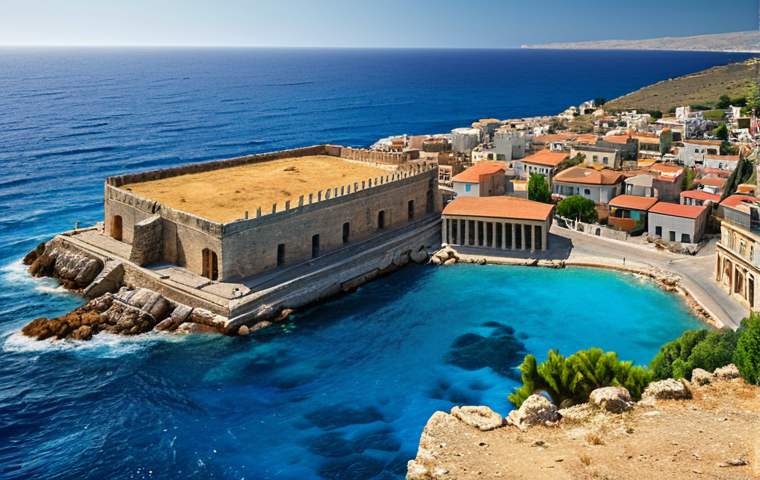 A panoramic view of Cyprus as a crossroads of civilizations, showcasing ancient Greek ruins blending with modern European architecture against the backdrop of the Mediterranean Sea. Emphasize the island's strategic location with ships traversing the waters and distant coastlines visible. Style: Photorealistic, vibrant colors, detailed textures.