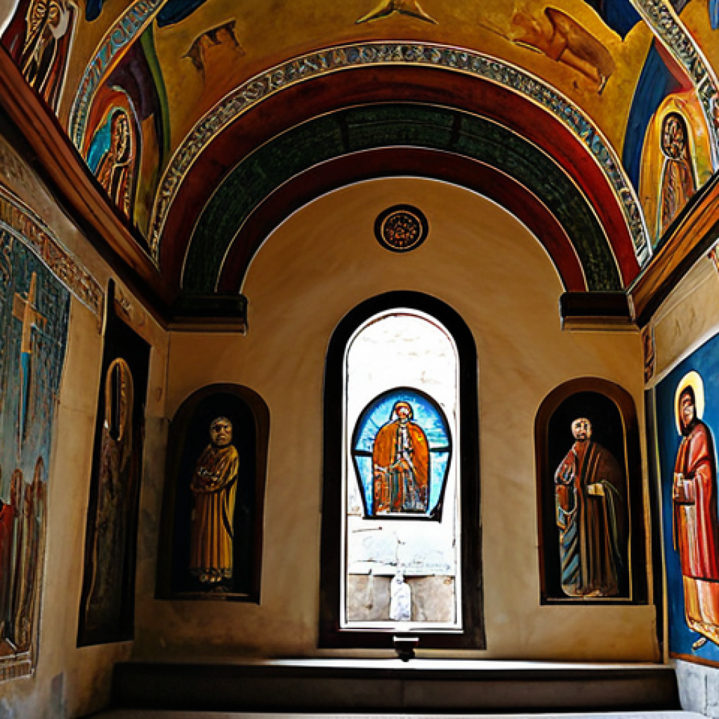 ビザンツ帝国の聖なる輝き:トロドス山脈のフレスコ画教会**
The interior of a tranquil, ancient Byzantine church, showcasing richly detailed and well-preserved frescoes covering the stone walls and arched ceiling. Soft, natural light illuminates the vibrant colors of the religious murals, depicting sacred figures and biblical scenes. The atmosphere is serene and contemplative, highlighting the historical artistry and spiritual heritage. professional photography, high resolution, detailed, safe for work, appropriate content, fully clothed, modest, family-friendly, perfect anatomy, correct proportions, natural body proportions.
**