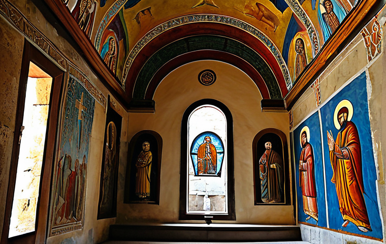 ビザンツ帝国の聖なる輝き：トロドス山脈のフレスコ画教会**

The interior of a tranquil, ancient Byzantine church, showcasing richly detailed and well-preserved frescoes covering the stone walls and arched ceiling. Soft, natural light illuminates the vibrant colors of the religious murals, depicting sacred figures and biblical scenes. The atmosphere is serene and contemplative, highlighting the historical artistry and spiritual heritage. professional photography, high resolution, detailed, safe for work, appropriate content, fully clothed, modest, family-friendly, perfect anatomy, correct proportions, natural body proportions.

**
