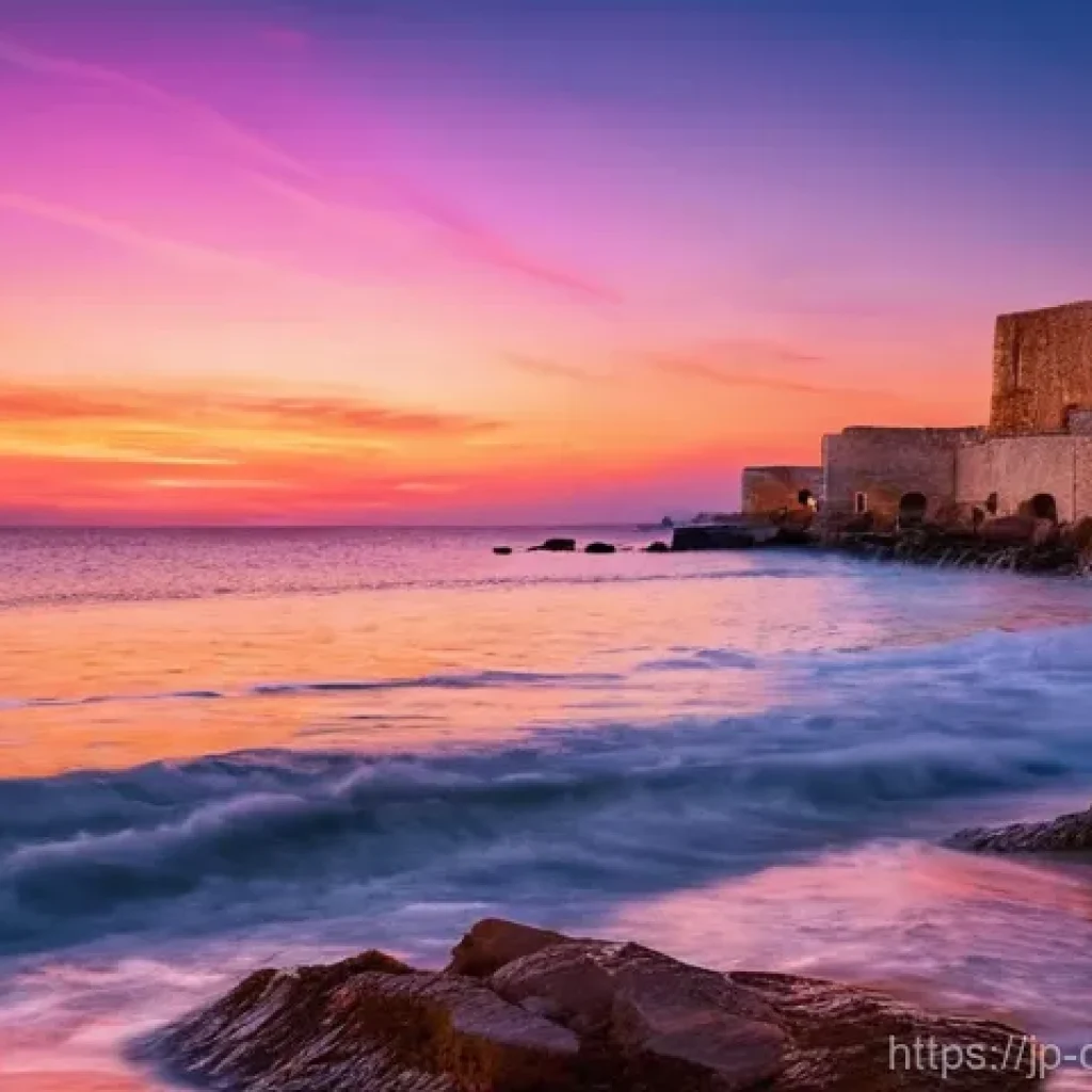 키프로스의 럭셔리 휴양지 - **Prompt:** A captivating sunset scene in Paphos, Cyprus, capturing the ancient charm and romantic a...