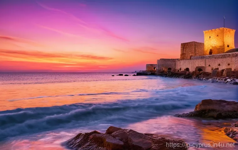 키프로스의 럭셔리 휴양지 - **Prompt:** A captivating sunset scene in Paphos, Cyprus, capturing the ancient charm and romantic a...