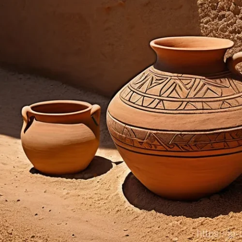 키프로스의 도자기 역사 - A deeply historical depiction of ancient Cypriot pottery. In a serene, sun-drenched archaeological e...