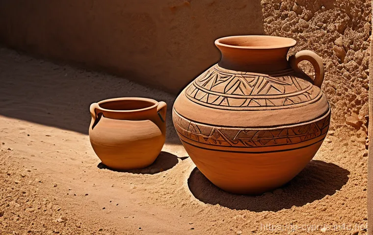 키프로스의 도자기 역사 - A deeply historical depiction of ancient Cypriot pottery. In a serene, sun-drenched archaeological e...