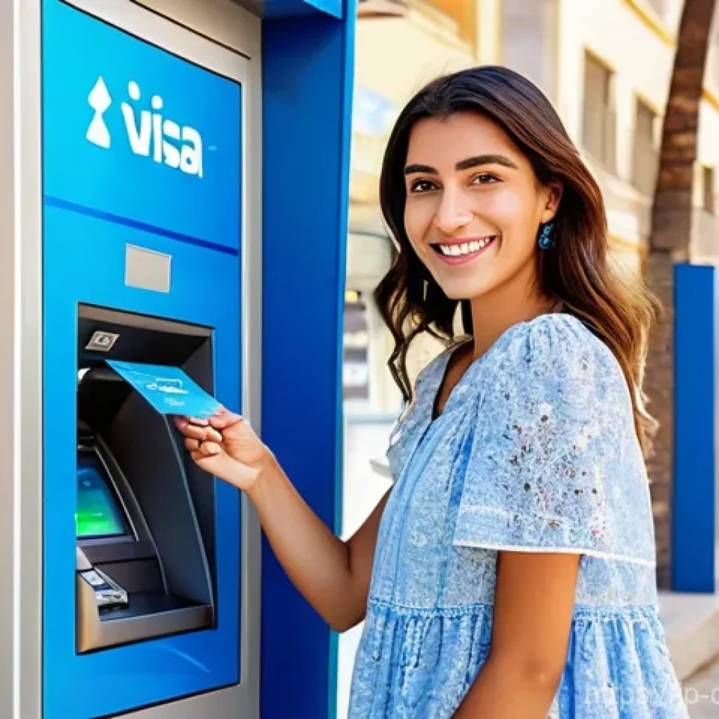 키프로스 ATM 사용법 - **Prompt 1: Sunny Cyprus ATM Transaction**
"A cheerful young female traveler, dressed in stylish...