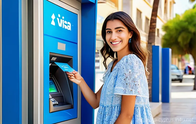 키프로스 ATM 사용법 - **Prompt 1: Sunny Cyprus ATM Transaction**
    "A cheerful young female traveler, dressed in stylish...