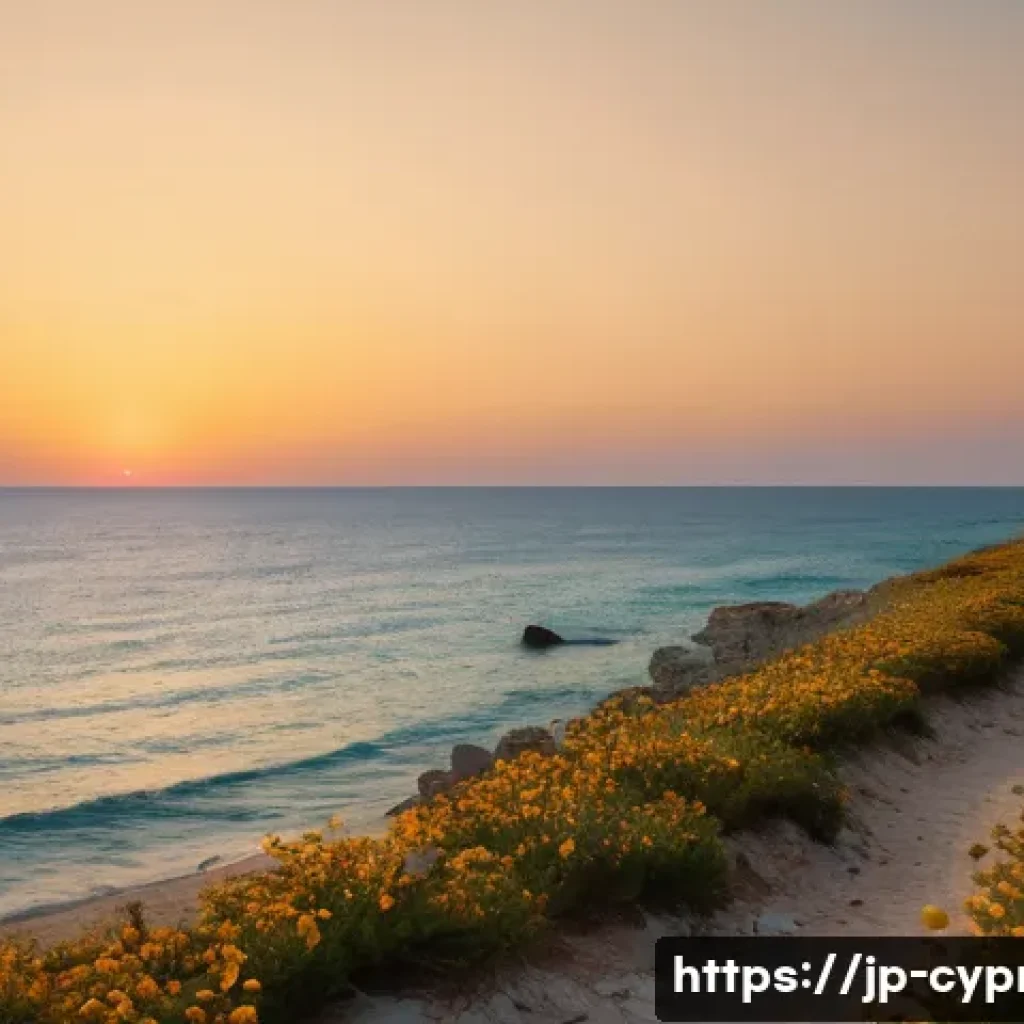 키프로스 독립운동의 역사 - **Prompt:** A breathtaking, sun-drenched Mediterranean beach in Cyprus at golden hour. Ancient, weat...