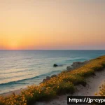 키프로스 독립운동의 역사 - **Prompt:** A breathtaking, sun-drenched Mediterranean beach in Cyprus at golden hour. Ancient, weat...