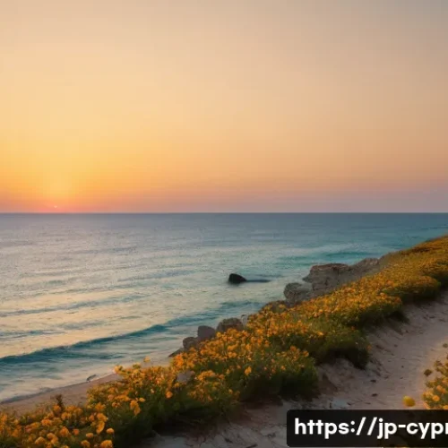 키프로스 독립운동의 역사 - **Prompt:** A breathtaking, sun-drenched Mediterranean beach in Cyprus at golden hour. Ancient, weat...