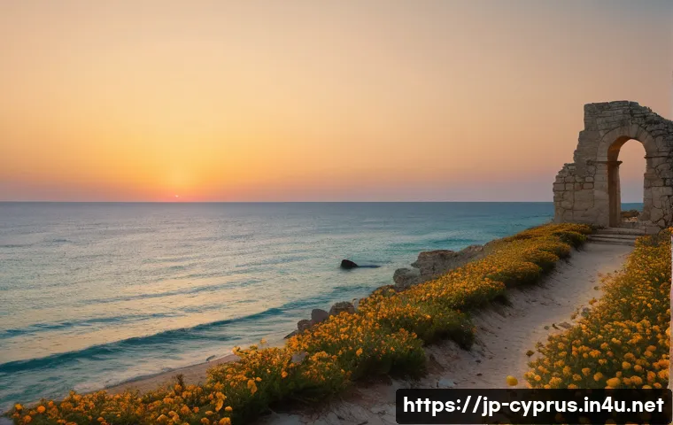 키프로스 독립운동의 역사 - **Prompt:** A breathtaking, sun-drenched Mediterranean beach in Cyprus at golden hour. Ancient, weat...