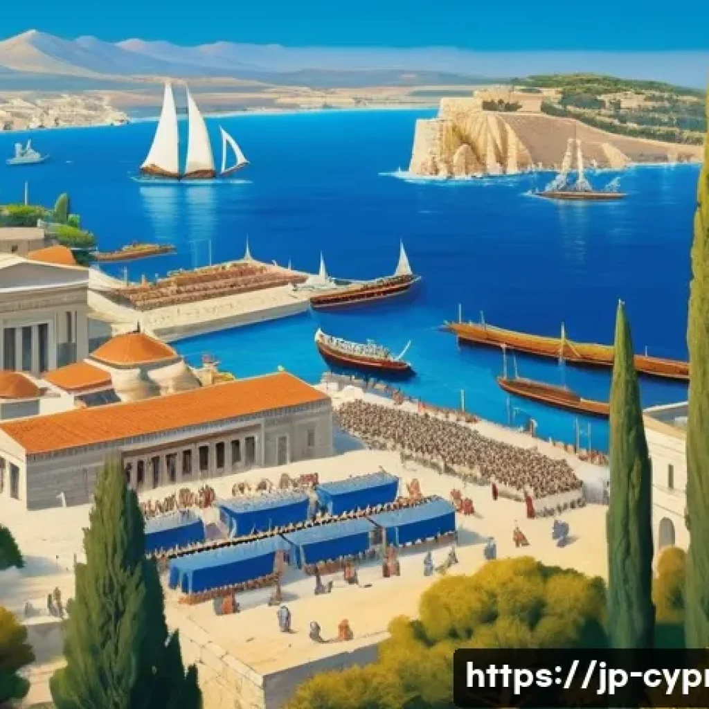 키프로스 역사적 사건 - A vibrant historical scene depicting ancient Cyprus as a bustling trade hub, showcasing diverse civi...