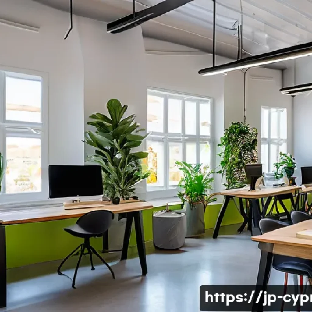 키프로스의 스타트업 기업 - A vibrant, modern coworking space in Nicosia, Cyprus, filled with diverse young entrepreneurs collab...