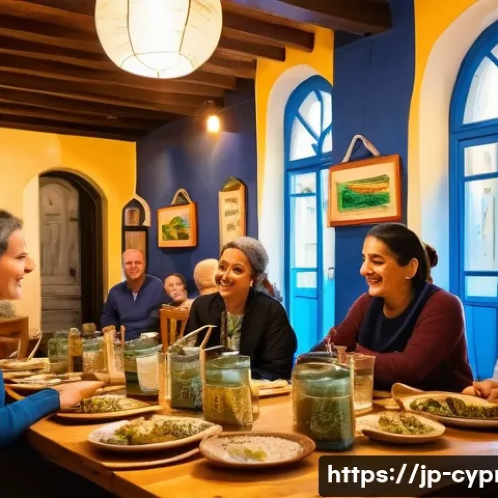 키프로스 전통 레스토랑 추천 - A cozy family-run Cypriot taverna interior during evening hours, warmly lit with rustic wooden table...