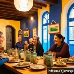 키프로스 전통 레스토랑 추천 - A cozy family-run Cypriot taverna interior during evening hours, warmly lit with rustic wooden table...