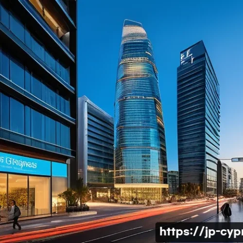 키프로스 은행 시스템 - A modern financial district in Cyprus during sunset, showcasing sleek glass skyscrapers with Europea...