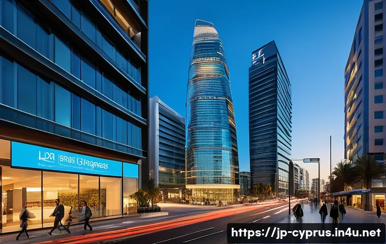 키프로스 은행 시스템 - A modern financial district in Cyprus during sunset, showcasing sleek glass skyscrapers with Europea...