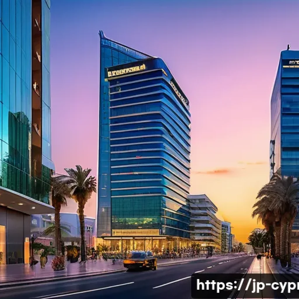 키프로스 주요 기업과 산업 - A modern financial district in Cyprus at dusk, showcasing sleek glass skyscrapers with illuminated l...