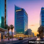 키프로스 주요 기업과 산업 - A modern financial district in Cyprus at dusk, showcasing sleek glass skyscrapers with illuminated l...