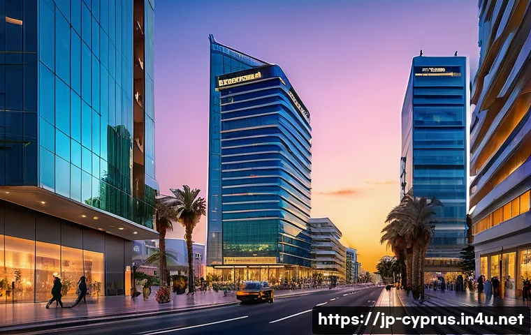 키프로스 주요 기업과 산업 - A modern financial district in Cyprus at dusk, showcasing sleek glass skyscrapers with illuminated l...
