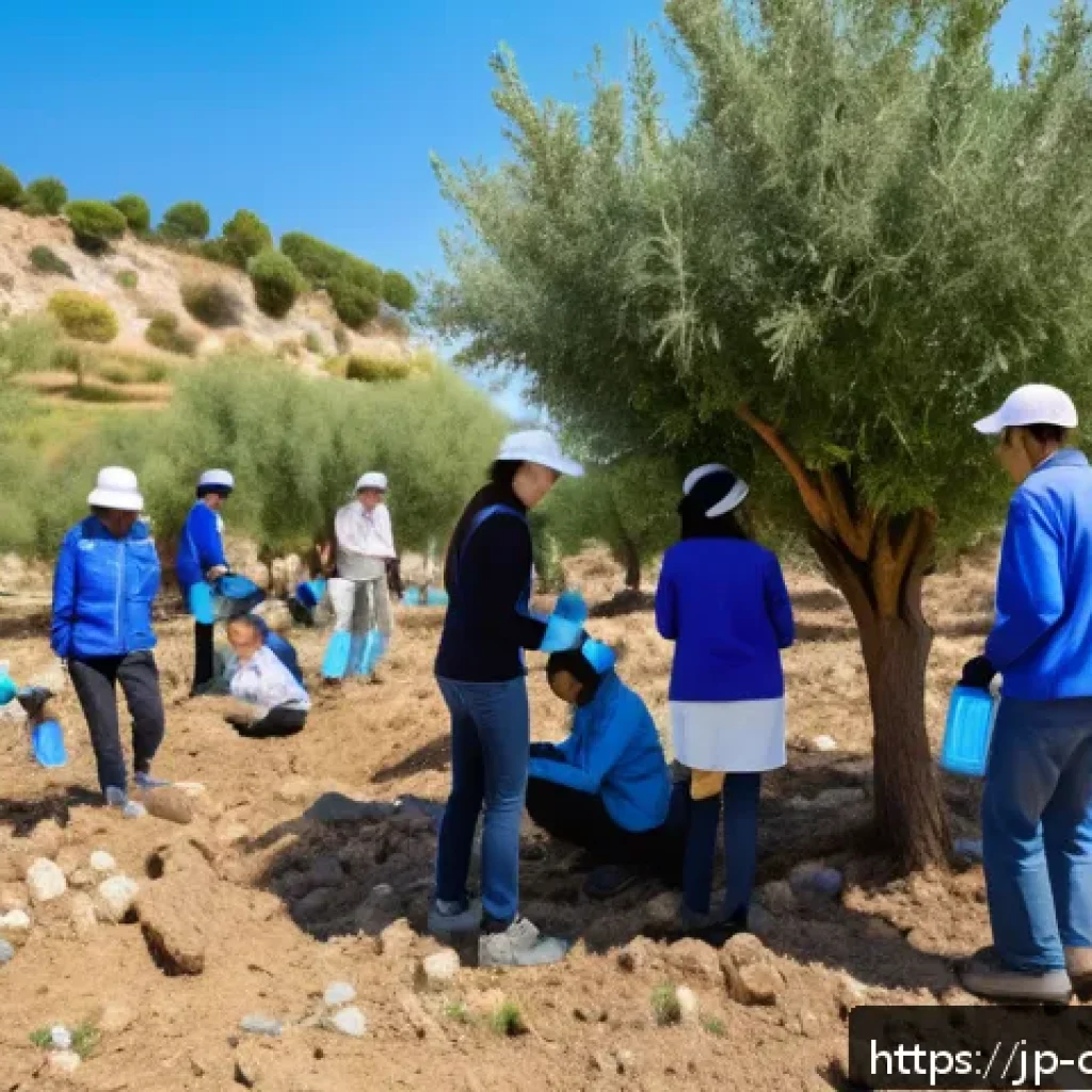 키프로스 환경 보호 활동 - A vibrant community tree-planting event in Cyprus, showing diverse local residents including adults ...
