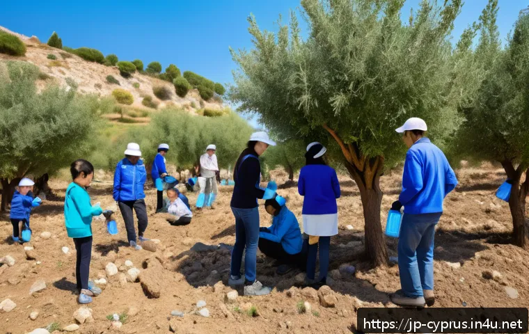 키프로스 환경 보호 활동 - A vibrant community tree-planting event in Cyprus, showing diverse local residents including adults ...