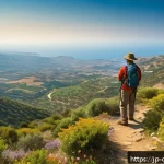 키프로스 자연보호구역 - A serene Mediterranean mountain lookout in Cyprus at early morning, featuring lush green valleys and...