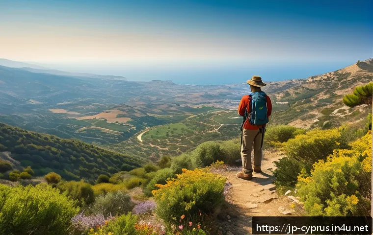 키프로스 자연보호구역 - A serene Mediterranean mountain lookout in Cyprus at early morning, featuring lush green valleys and...