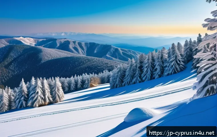 키프로스에서의 겨울 스포츠 - A serene winter landscape of the Troodos Mountains in Cyprus, showcasing snow-covered pine forests u...