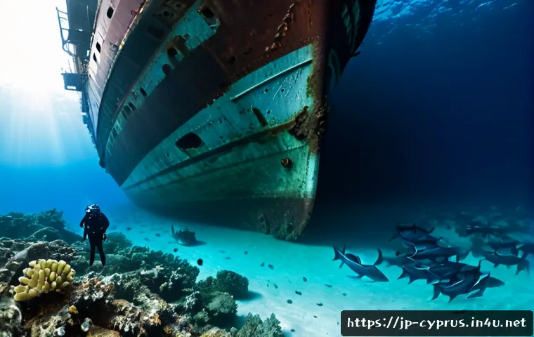 키프로스 스쿠버 다이빙 명소 - Photorealistic underwater view of the Zenobia shipwreck off Larnaca, Cyprus, a scuba diver in full w...