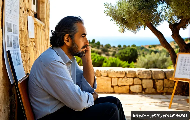 키프로스 출신 영화 감독 - Photorealistic portrait of a Cypriot film director in a sunlit Mediterranean courtyard, seated besid...